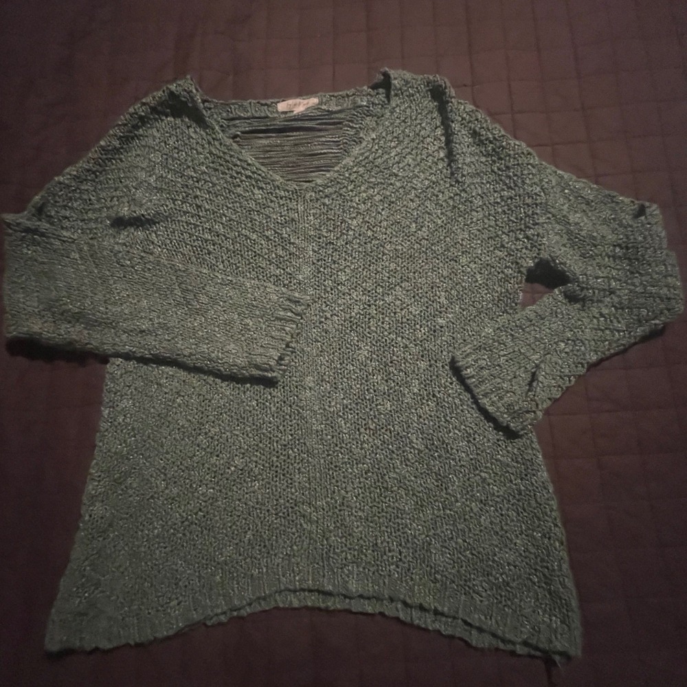 Taylor & Sage Sage Green V-Neck Textured Knit Sweater Ladder Back Large